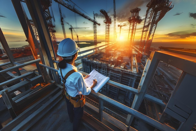 Trabajadora de la construcción con casco duro de pie en el sitio de construcción