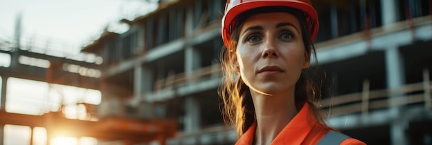 Trabajadora de la construcción con casco en el sitio de construcción