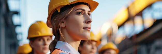 Trabajadora de la construcción con casco en el sitio de construcción