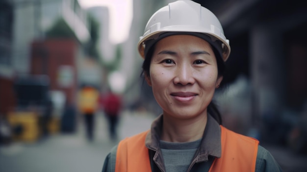 Una trabajadora de la construcción china sonriente parada en un sitio de construcción