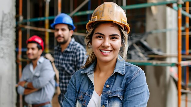 Foto trabajadora de la construcción confiada con un casco y una chaqueta de vaqueros en un sitio de construcción