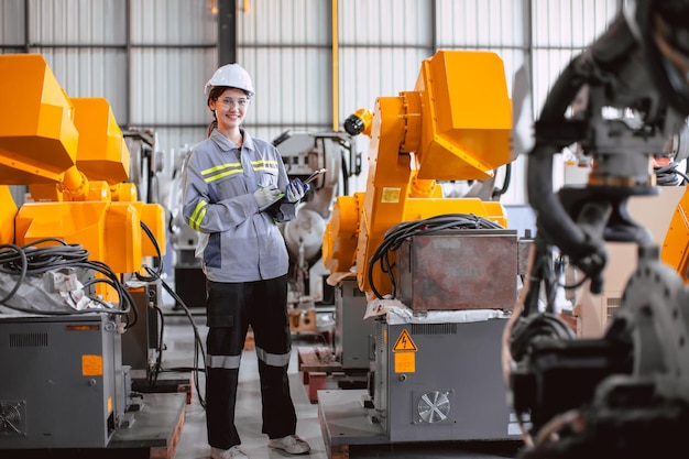 Trabajadora de equipo de ingeniera trabaja en máquina robótica moderna industria de automatización empleado de personal mecánico en fábrica de metal