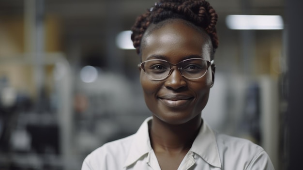 Una trabajadora de fábrica electrónica africana sonriente parada en la fábrica