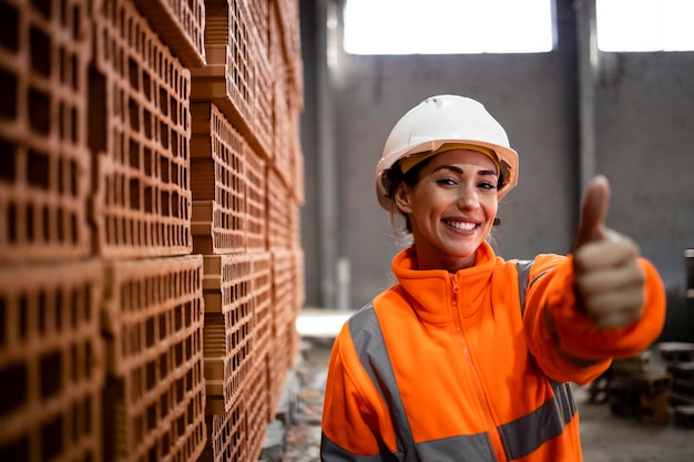 Trabajadora de fábrica levantando los pulgares para la producción exitosa de ladrillos para la industria de la construcción