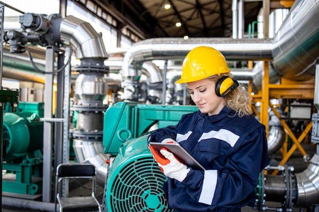 Trabajadora de una fábrica que trabaja en una tableta en una planta de refinería de petróleo y gas