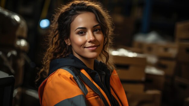 Trabajadora femenina sonriente en el almacén logístico de envío de la fábrica de la industria