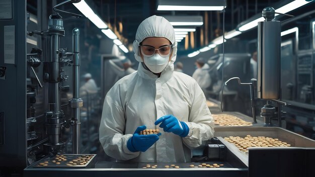 Foto trabajadora de la industria farmacéutica con ropa de protección que opera la producción de pastillas