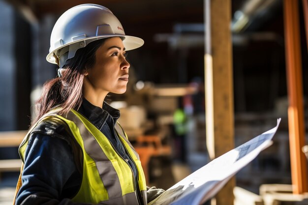 Foto trabajadora industrial con casco de pie en medio de una fábrica de fabricación de industria pesada en el fondo se ven varios componentes de metalurgia