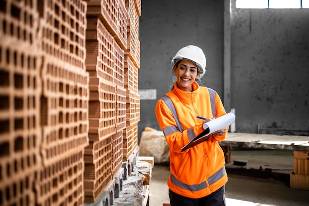 Trabajadora industrial revisando el inventario de ladrillos listos para entregar al sitio de construcción