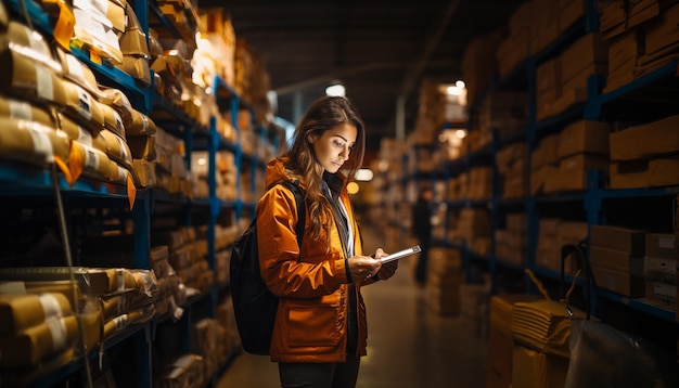 Trabajadora joven en uniforme que maneja la lista de control de la caja de paquetes de productos en el almacén