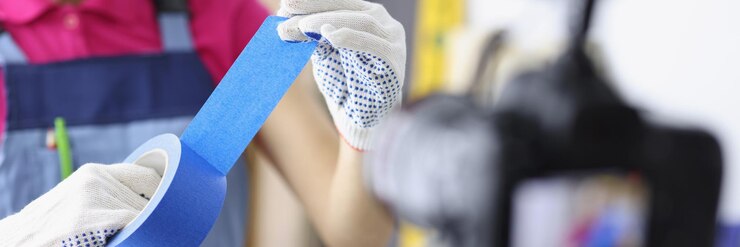 Foto trabajadora mantenga blue scotch y muestre el proceso de renovación en la cámara