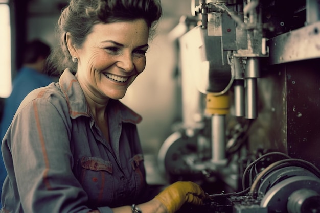 Una trabajadora manual sonriente en un taller interior que opera equipos de fabricación y participa en la industria generada por Ai