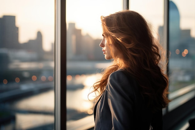 Trabajadora mirando por la ventana con la vista del horizonte de la ciudad durante la puesta de sol