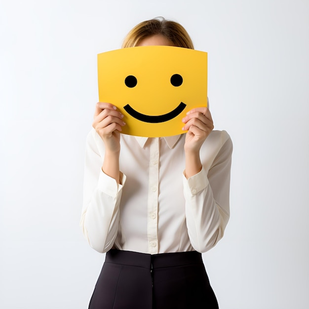 trabajadora de oficina cubriendo la cara con un emoji sonriente con fondo blanco a un diseño generativo