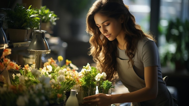 Trabajadora de oficina regando flores