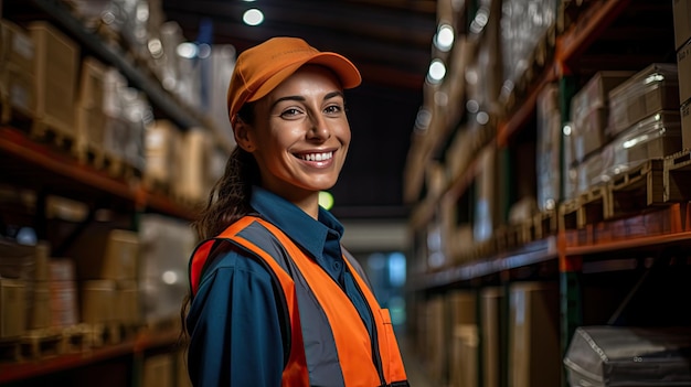 Trabajadora profesional con sombrero de seguridad comprueba las existencias y el inventario El almacén minorista está lleno de estanterías