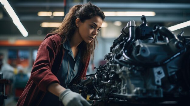 Trabajadora que ensambla motores en una línea de ensamblaje de vehículos en la industria automotriz