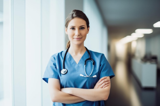 Una trabajadora de la salud confiada en matorrales posando con los brazos cruzados