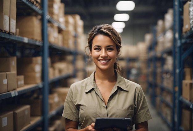 Trabajadoras de almacén chequeando el inventario miran a la cámara sonriendo productos en los estantes del inventario