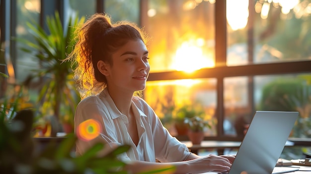 Trabajadoras de oficina jóvenes en un café con su computadora portátil sonriendo en cámara bajo el sol IA generativa