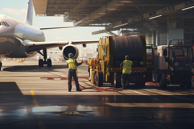 Foto trabajadores abasteciendo de combustible a los aviones en el aeropuerto