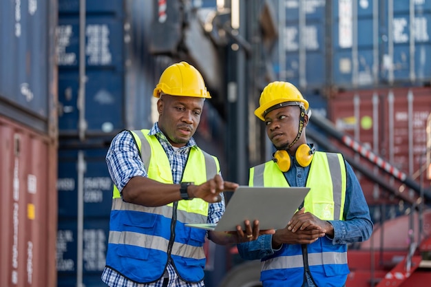 Trabajadores africanos Ingeniero Técnico que sostiene una computadora portátil para verificar e inspeccionar los contenedores en el sitio