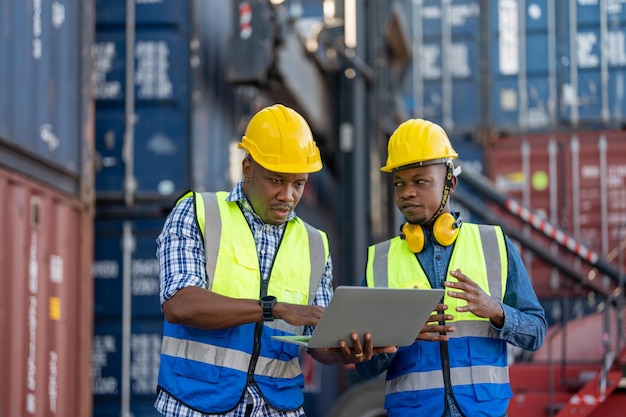 Trabajadores africanos Ingeniero Técnico sosteniendo un portátil para comprobar e inspeccionar los contenedores del sitio