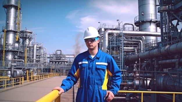 Trabajadores agradables y sonrientes Trabajando en una refinería con tuberías y máquinas con ropa de trabajo Antecedentes de una refinería con tuberías y maquinaria IA generativa