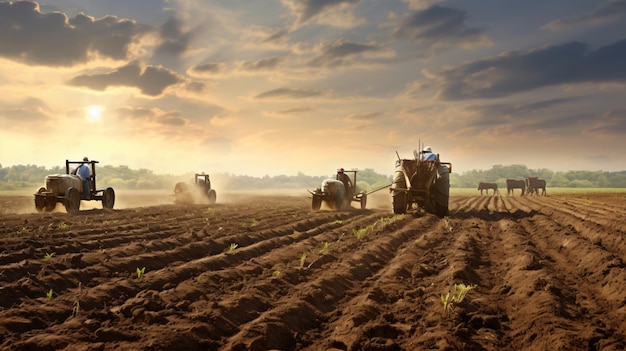 Trabajadores agrícolas con tractores arando un campo