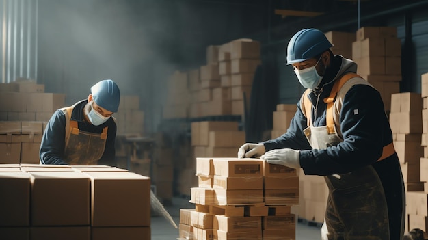 Trabajadores en un almacén con cajas y mascarillas.