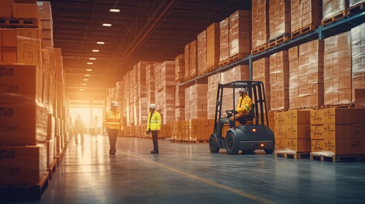 Trabajadores de almacén estrechando la mano en el almacén Este es un almacén de transporte y distribución de mercancías Trabajadores industriales y industriales concepto generativo ai