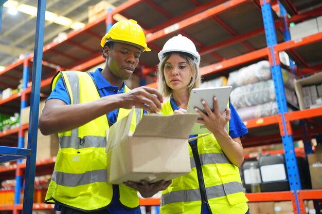 Foto trabajadores de almacén que comprueban el inventario productos en estantes de inventario almacén trabajador que hace inventario en almacén despachador en uniforme haciendo inventario en el concepto de cadena de suministro del almacén