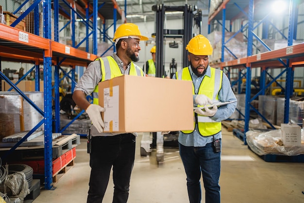 Trabajadores del almacén revisando y controlando cajas en el almacén