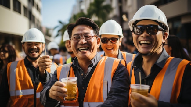 Trabajadores de almacenes asiáticos beben alcohol y muestran su felicidad por el éxito