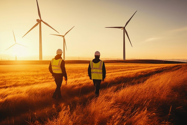 Trabajadores ambientales en un campo de energía eólica que colaboran en proyectos de energía sostenible