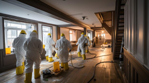 Trabajadores arafados con trajes protectores y cascos amarillos están pintando una habitación IA generativa