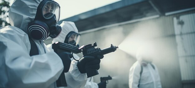 Foto trabajadores asiáticos con pistolas antisepticas