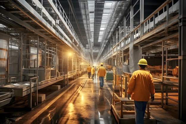 Trabajadores caminando en la sala iluminada por el sol, cintas transportadoras y estantes de acero con materias primas dentro de grandes