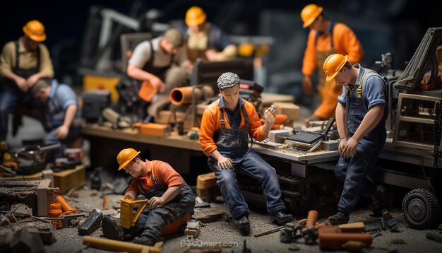 Trabajadores cansados celebrando el día del trabajo en la fotografía de trabajo Concepto emocional del día del trabajo