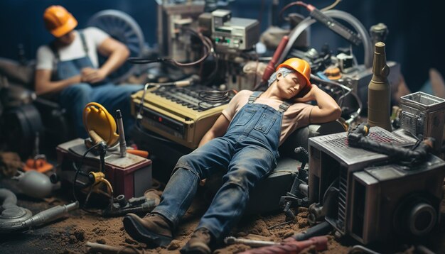 Trabajadores cansados celebrando el día del trabajo en la fotografía de trabajo Concepto emocional del día del trabajo