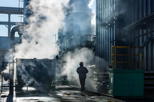 Foto trabajadores cargando residuos orgánicos en una gran caldera de biomasa en una instalación con vapor que surge de la chimenea concepto gestión de residuos industriales energía renovable operación de la caldera de biomasa