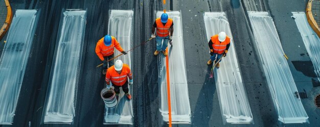 Foto trabajadores de carreteras pintando el cruce de peatones en una carretera de asfalto con pinceles blancos y rodillos