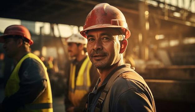 Trabajadores con cascos en el sitio de construcción