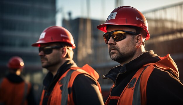 Trabajadores con cascos en el sitio de construcción