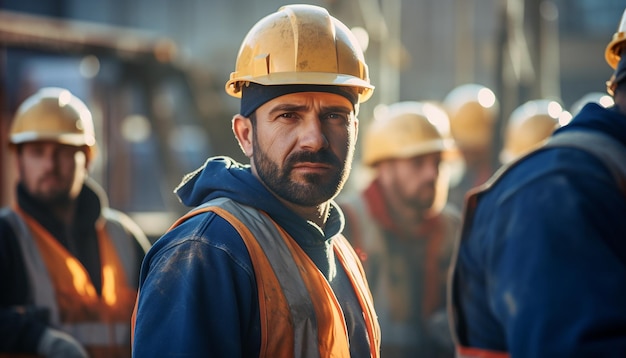 Trabajadores con cascos en el sitio de construcción