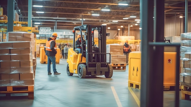 Trabajadores con chalecos de seguridad y cascos trabajando con montacargas y máquinas en un almacén xAtrabajando con montacargas y máquinas en un almacén con palets y cajas Generative ai