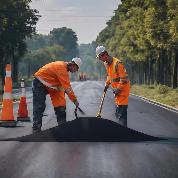 Trabajadores colocando un nuevo recubrimiento de asfalto en la carretera