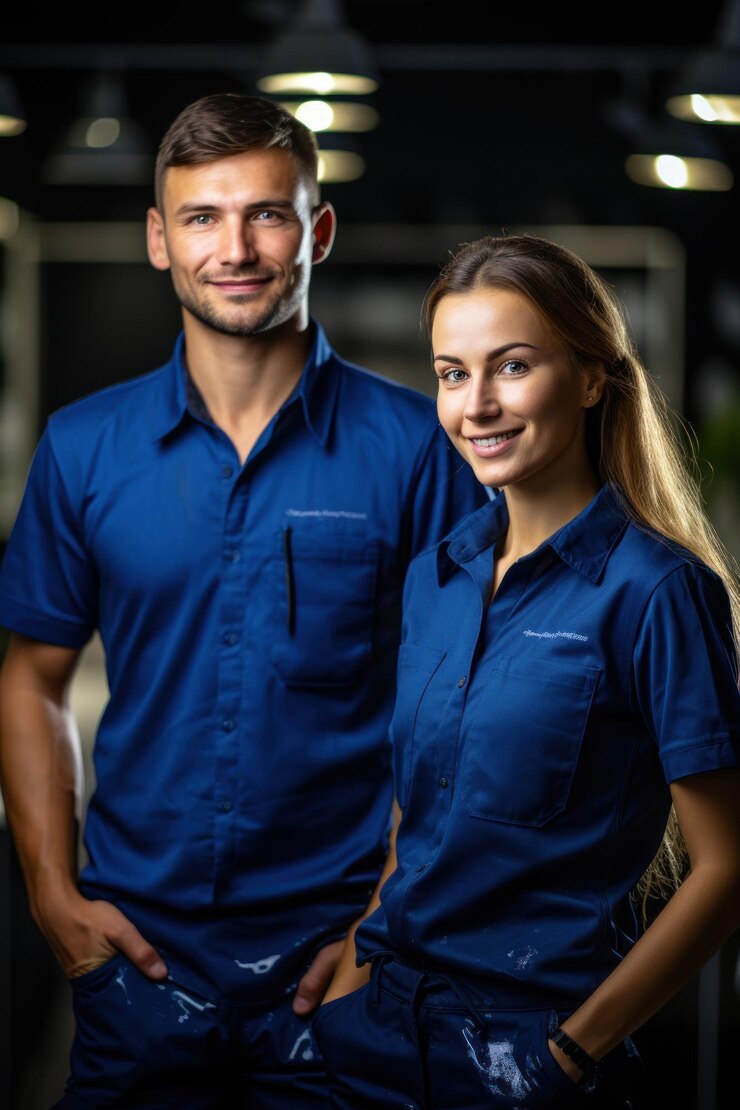 Los trabajadores de la compañía de limpieza en trajes azules limpian nuevos pisos de epoxi en un almacén vacío