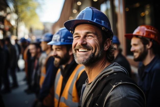 Trabajadores de la construcción de 35 a 45 años con equipo de seguridad Feliz equipo de construcción trabajando en el sitio de construcción