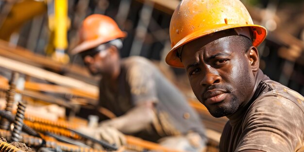 Trabajadores de la construcción afroamericanos involucrados en actividades de construcción en Los Ángeles Trabajo de construcción conceptual Actividades de construcción afroamericanas en Los ángeles sesión de fotos al aire libre